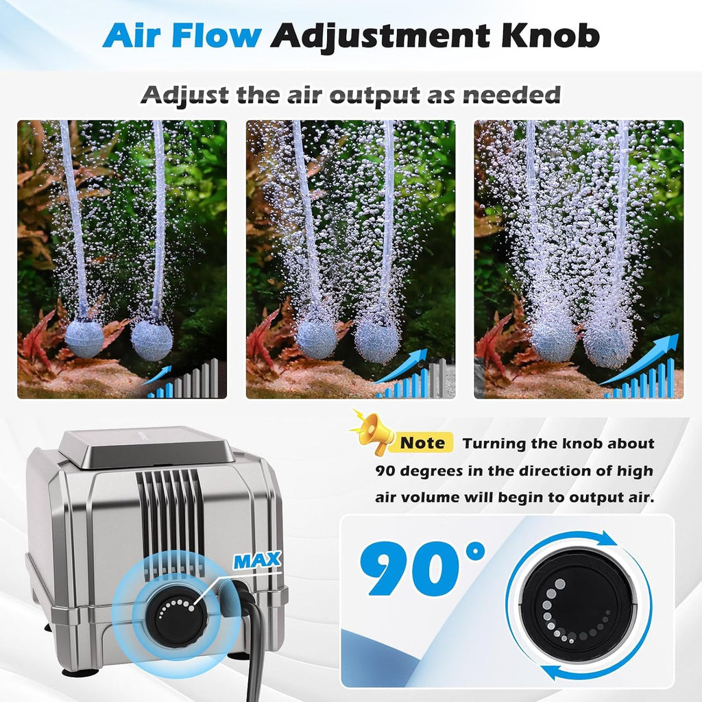 5W Powerful Aquarium Air Pump, Quiet Dual Outlet Oxygen Aerator | Adjustable Fish Tank Air Pump & Bubbler for