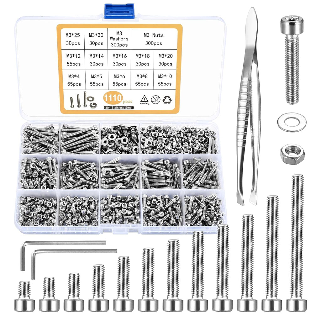 1110Pcs M3 Silver Stainless Steel Hex Socket Screws and Nuts Assortment Kit