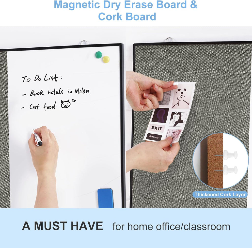 Cork Board White Board Combo, 24"X18" Linen Bulletin Board Whiteboard for Wall, Double-Sided Magnetic Dry Erase