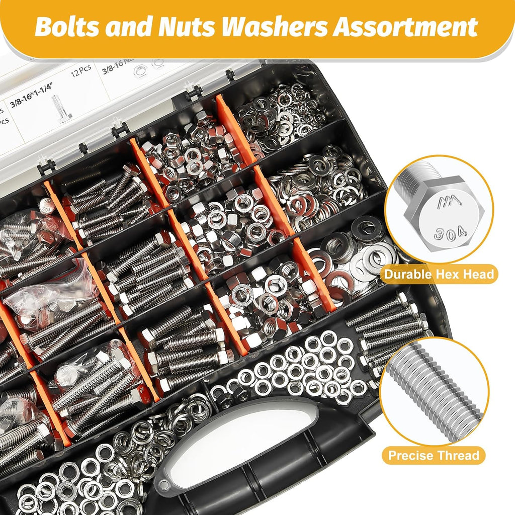 744PCS Stainless Steel Hex Bolt Kit,Size SAE 1/4-20 5/16-18 3/8-16