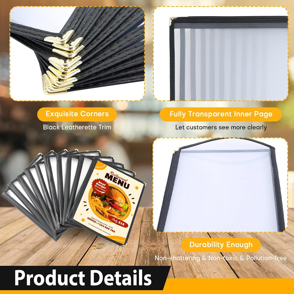 FLKQC 10pcs 4 Page Menu Covers, 8 View 8.5 x 11 Inch Clear PVC Menu Holder