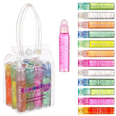 12pc Roll-On Lip Gloss Set with Carrying Case - Fruity Non-Toxic Glossy