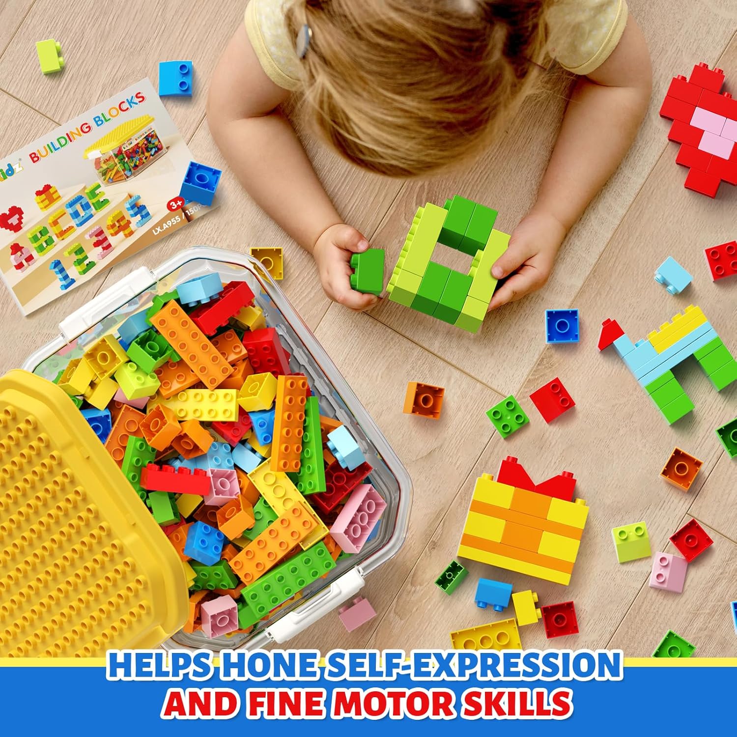150PCS Jumbo Building Blocks with Clear Storage Box & Baseplate Lid - STEM Educational Toys for Toddlers 3+ Years