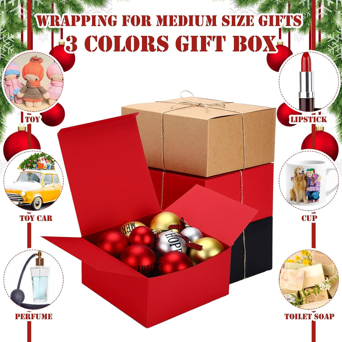 12 Pcs Gift Boxes 8 x 8 x 4 Inch Square Red, Black, Brown