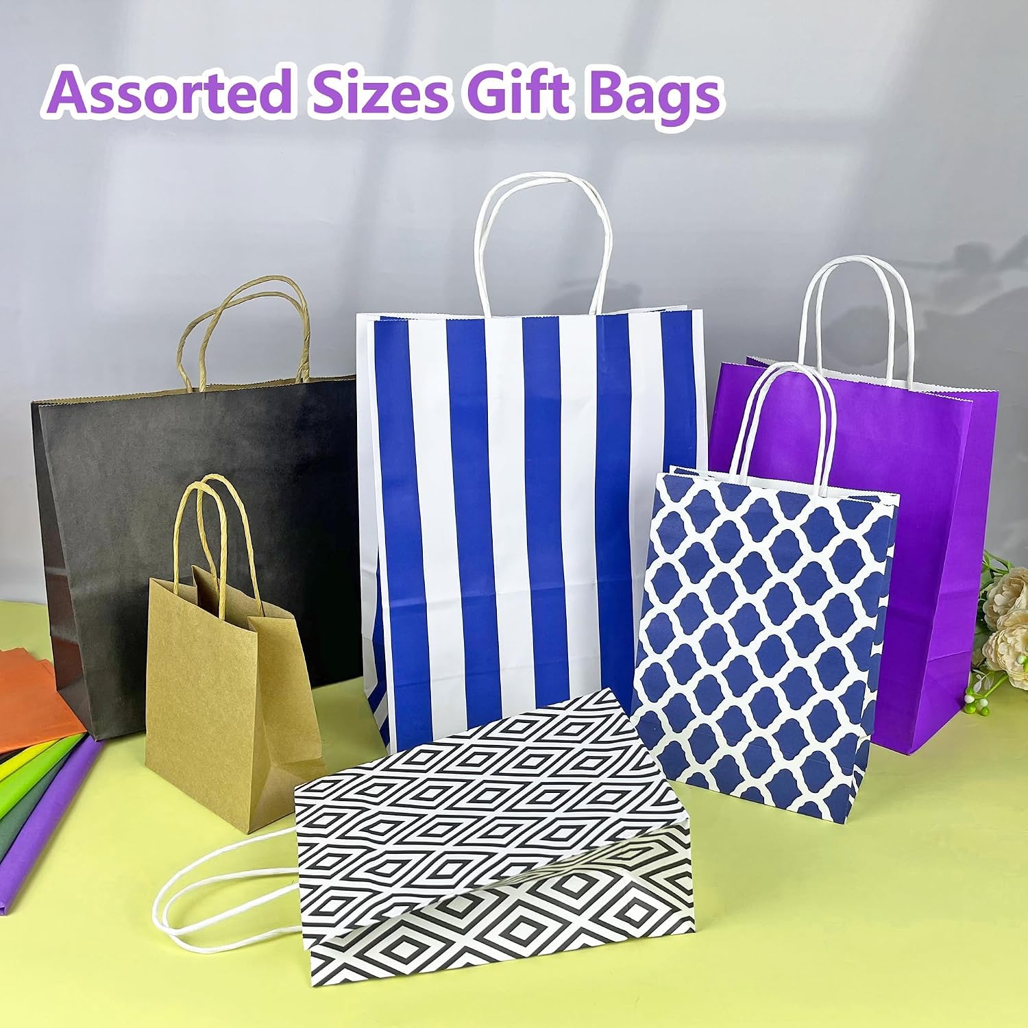 70 PCS Assorted Sizes Gift Bags with Handles Includes 35 Gift Bags 5 Sizes Multiple Colors 35 Tissue Papers 7 Color