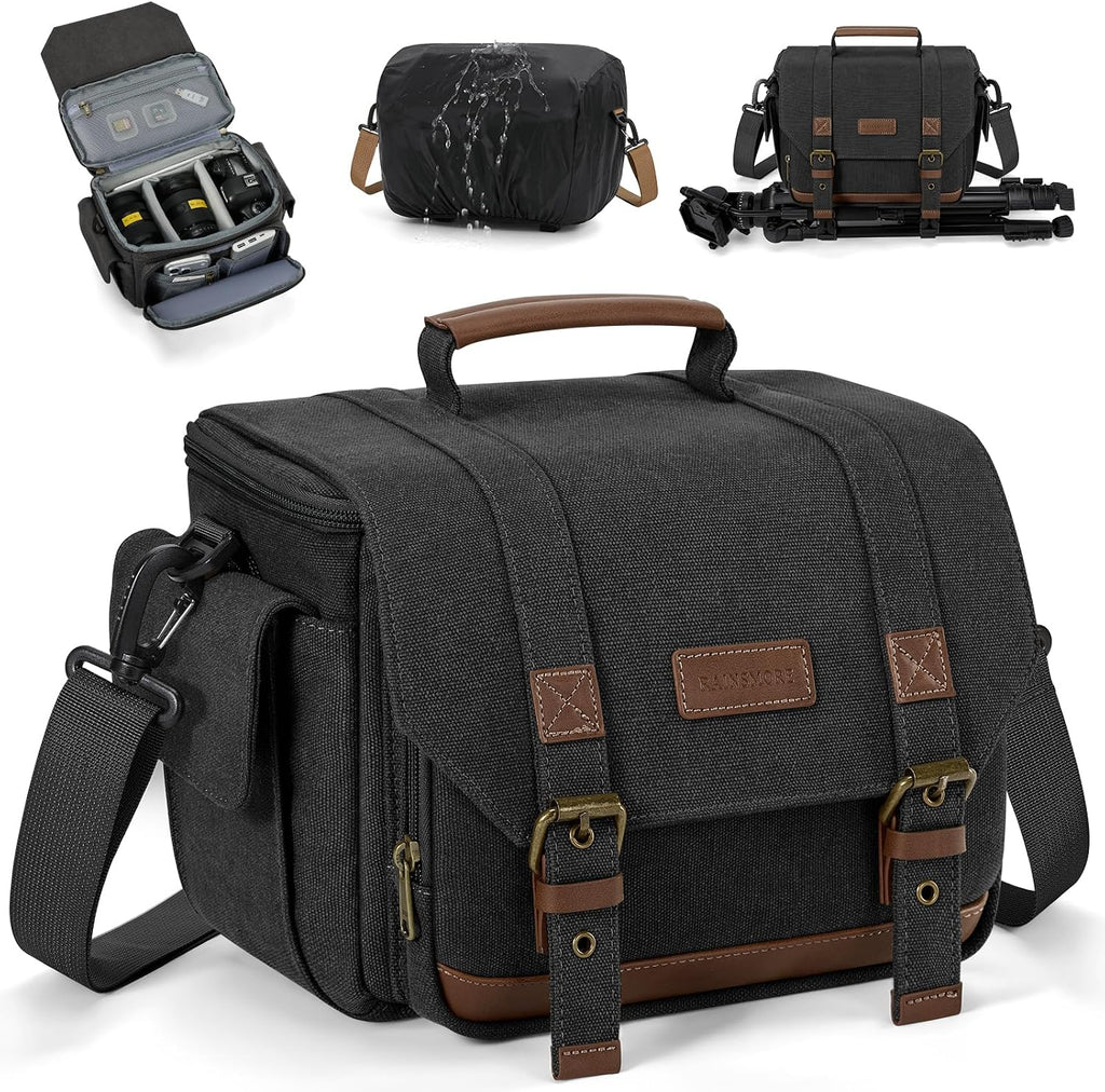 Camera Sling Bag Canvas Crossbody Camera Case with Rain Cover | Water-Resistant Camera Shoulder Bag for DSLR