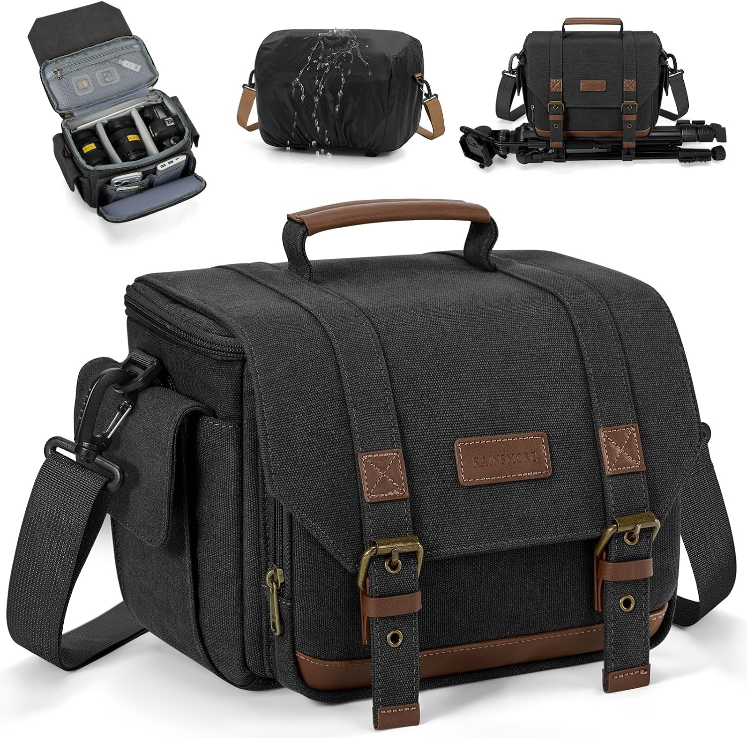 Camera Sling Bag Canvas Crossbody Camera Case with Rain Cover | Water-Resistant Camera Shoulder Bag for DSLR