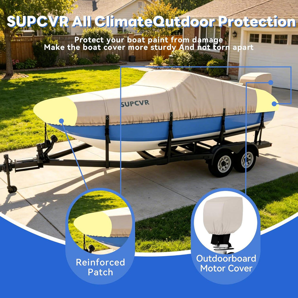 1400D Heavy Duty Waterproof Boat Cover,Tear-Resistant,Trailerable,Enhanced Windproof Buckles,with Storage Bag