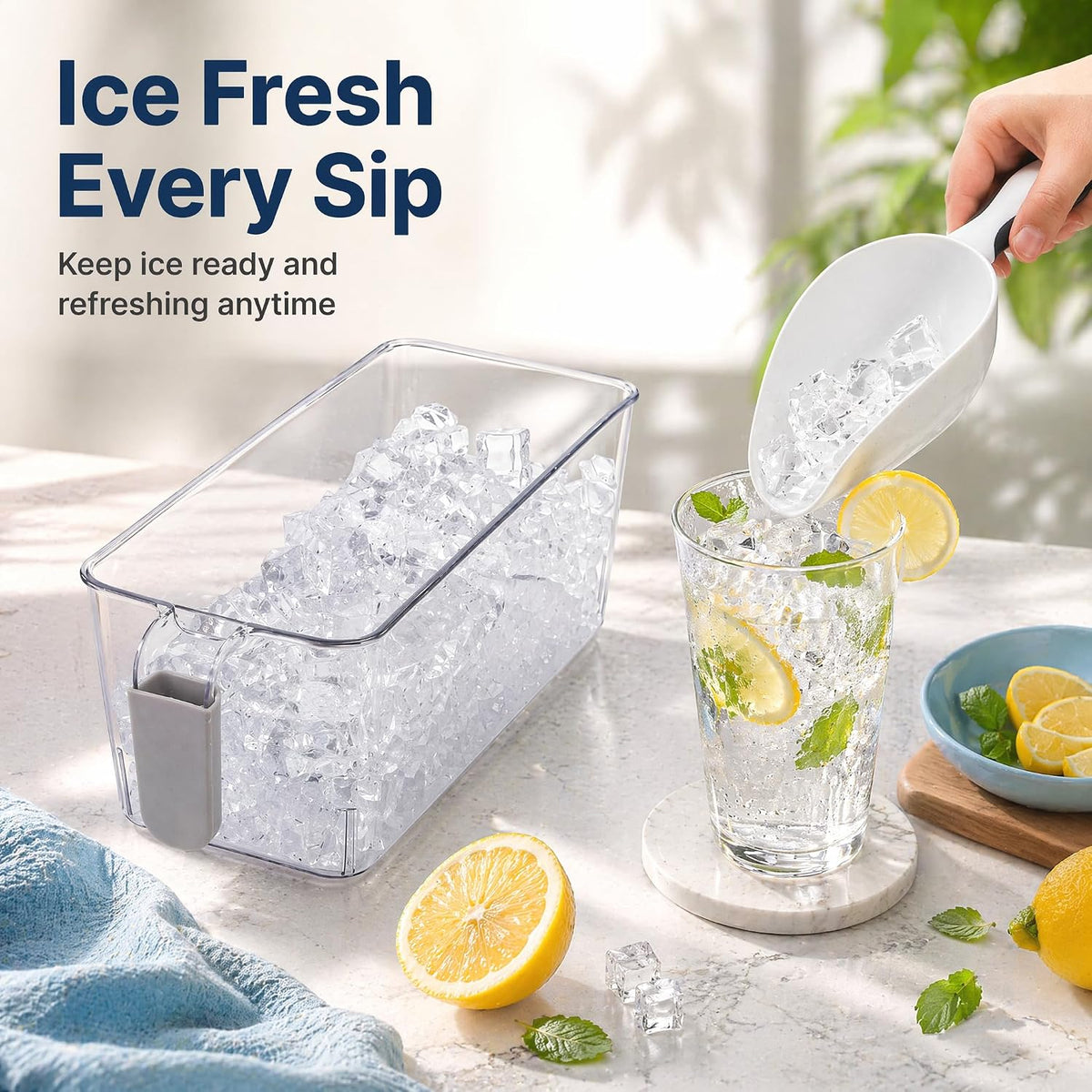 4 Pack Clear Ice Bins for Freezer, Plastic Ice Bucket with Flexible Scoop & Ice Tong, Pull Out Handle Ice Container