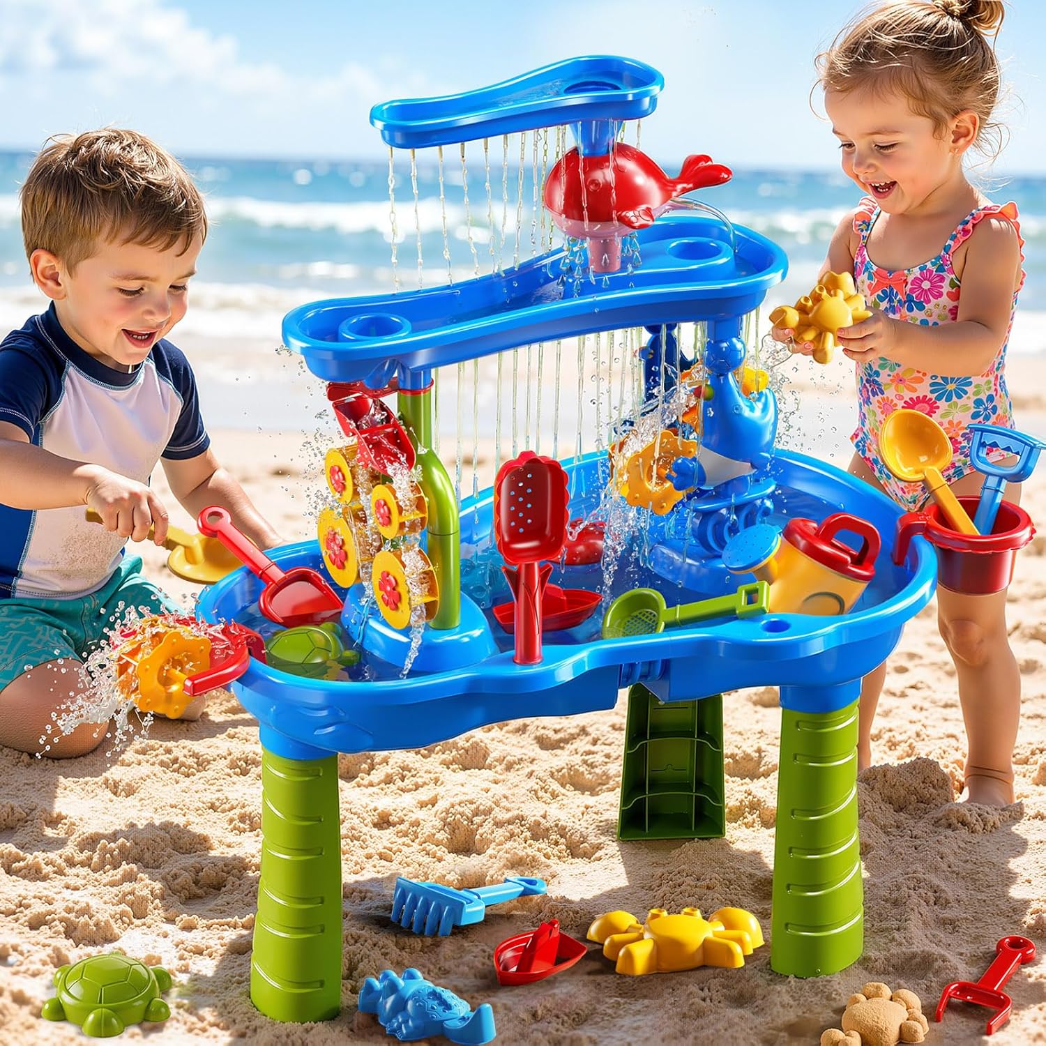 3-Tier Water Table for Kids Ages 4-8 3-5, Sand and Water Table for Toddler with Beach Toys, Outdoor Toys Activity
