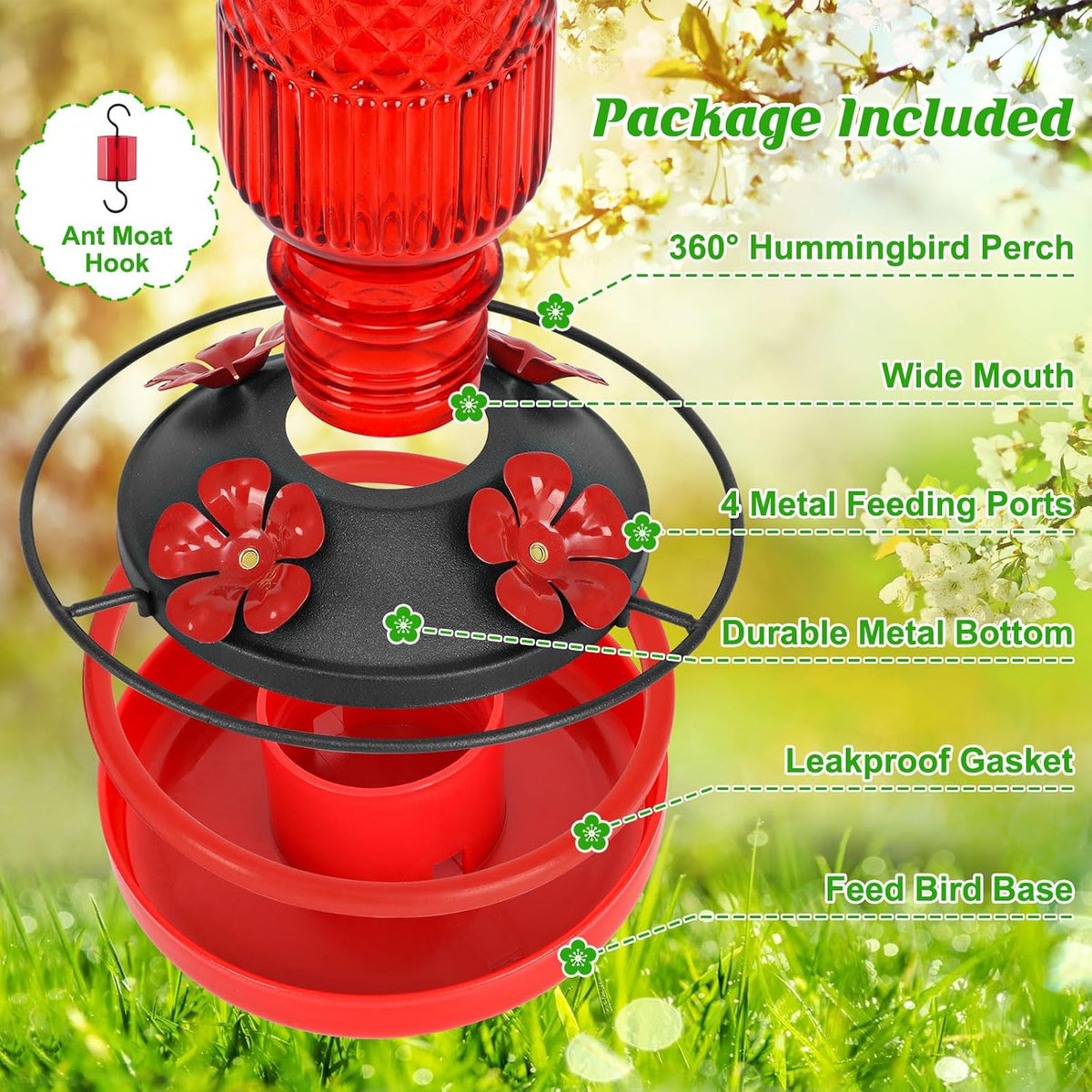Glass Hummingbird Feeder for Outdoors Hanging, 16 OZ Humming Birds Feeders with 4 Bee Guard Feeding Ports & Built-in