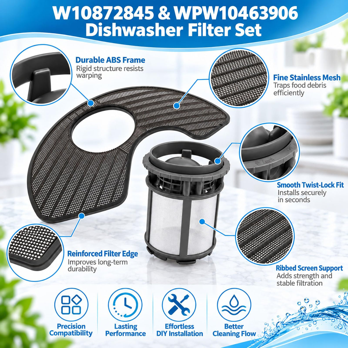 2 Pack Dishwasher Filter Kit for Whirlpool WDF735PABM0