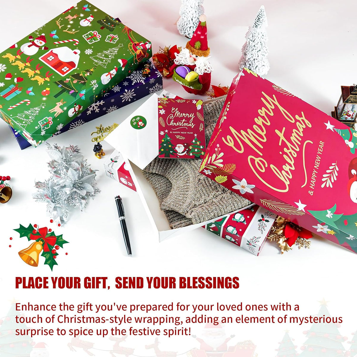 12 Pack Christmas Gift Boxes with Lids, Patterned Shirt Clothes Boxes(12 Clothing Gift Boxes, 4 Designs: 3 Pieces Per