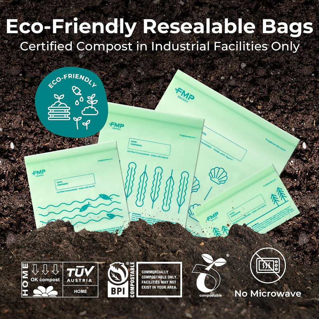 50 Pack 100% Compostable Food Storage Bags, 1 Gallon Freezer Bags, 10.6 x 11.5" Resealable Bag for Vegetables, Meat