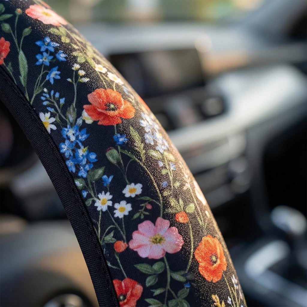 Wildflower Car Steering Wheel Cover + 2 Pieces Car Coasters 15 Inch | Multicolor Wildflower Steering Wheel Cover