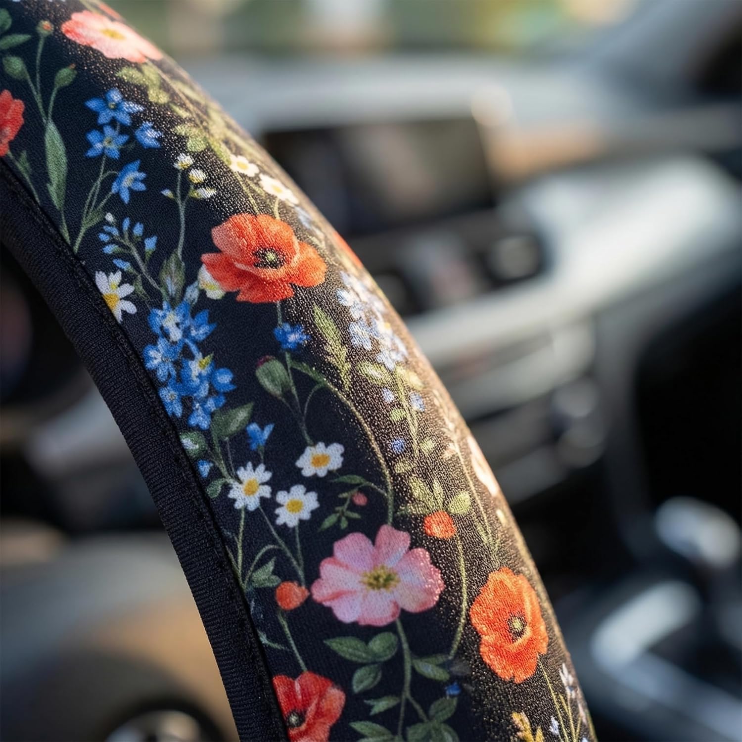 Wildflower Car Steering Wheel Cover + 2 Pieces Car Coasters 15 Inch | Multicolor Wildflower Steering Wheel Cover