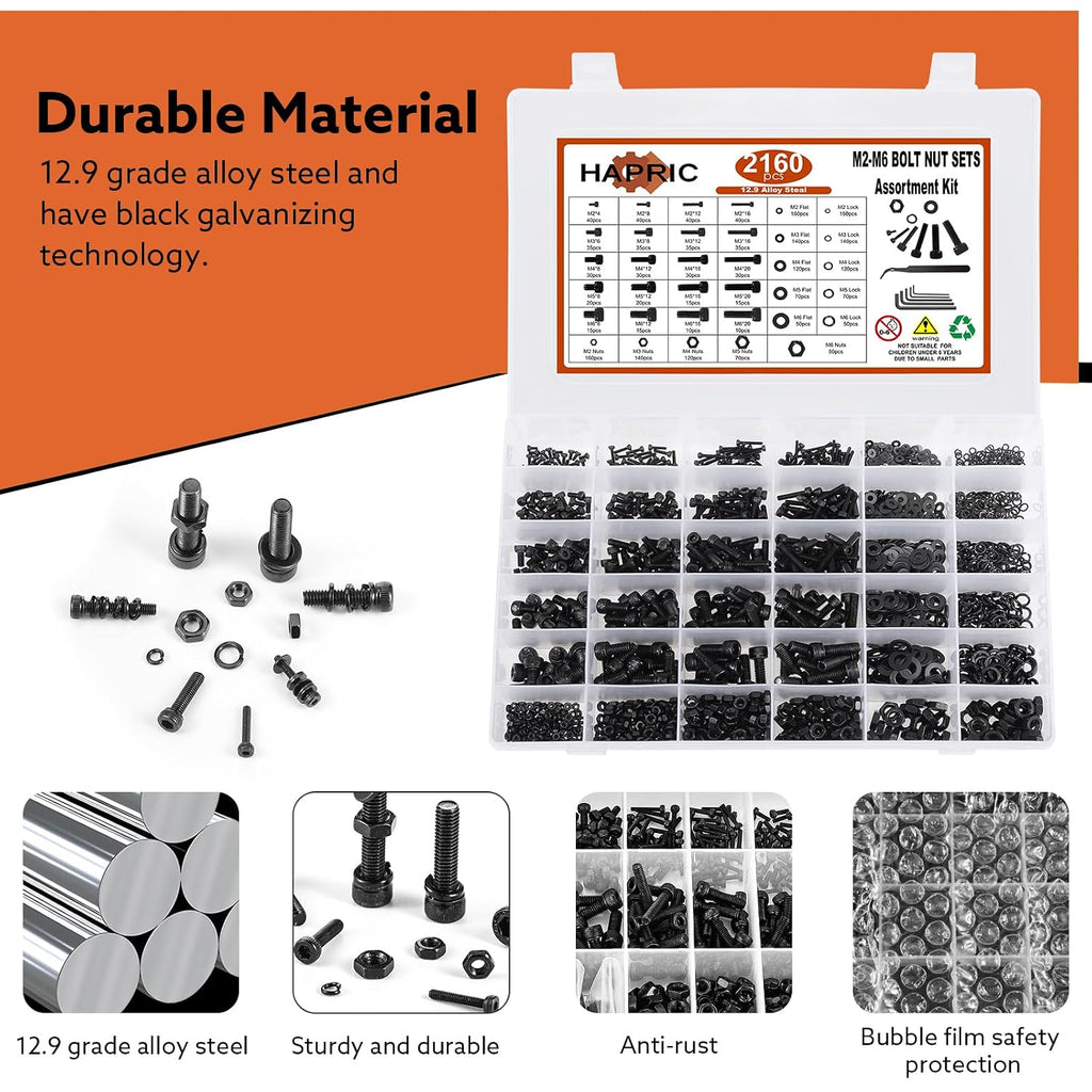 2160 Pcs Metric Screw Assortment Metric Bolts M2 M3 M4 M5 M6 Nuts and Bolt Kit, 12.9 Alloy Steel Black Zinc Plated