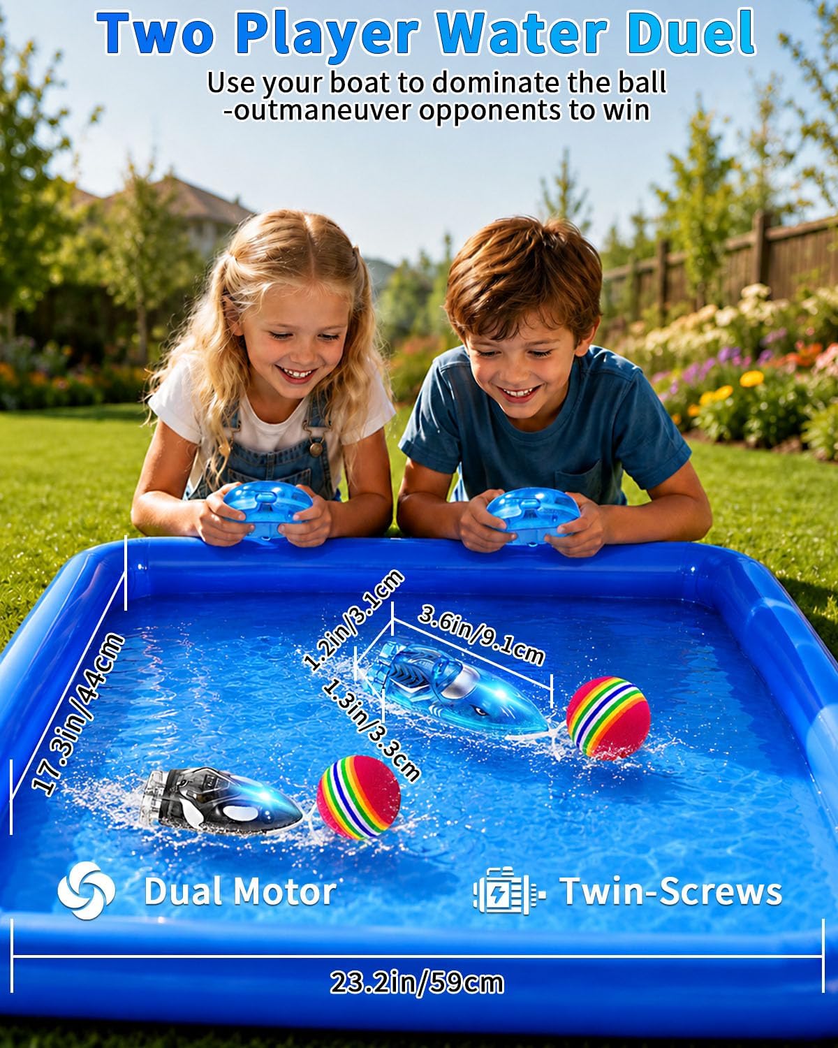 3.2" Mini RC Boat 2-Pack, Shark & Whale Toy with Inflatable Pool | 2.4GHz Remote Control Boat with Dual Motors, 360°