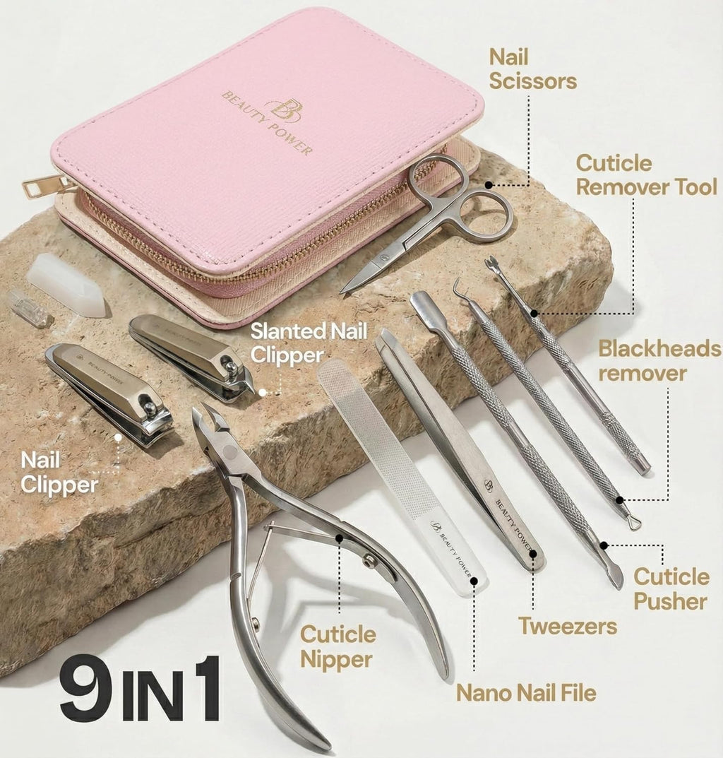 9 in 1 Professional Manicure Pedicure Set - Stainless Steel Nail Clippers, Nano File, Cuticle Nipper, Scissors