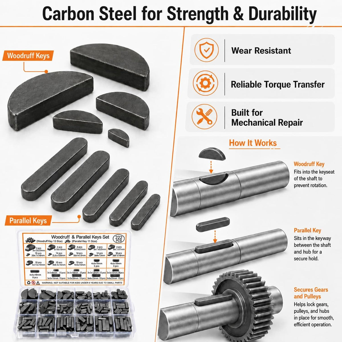 222 Pcs Metric Woodruff Key Assortment Kit with Parallel Keys, Carbon Steel