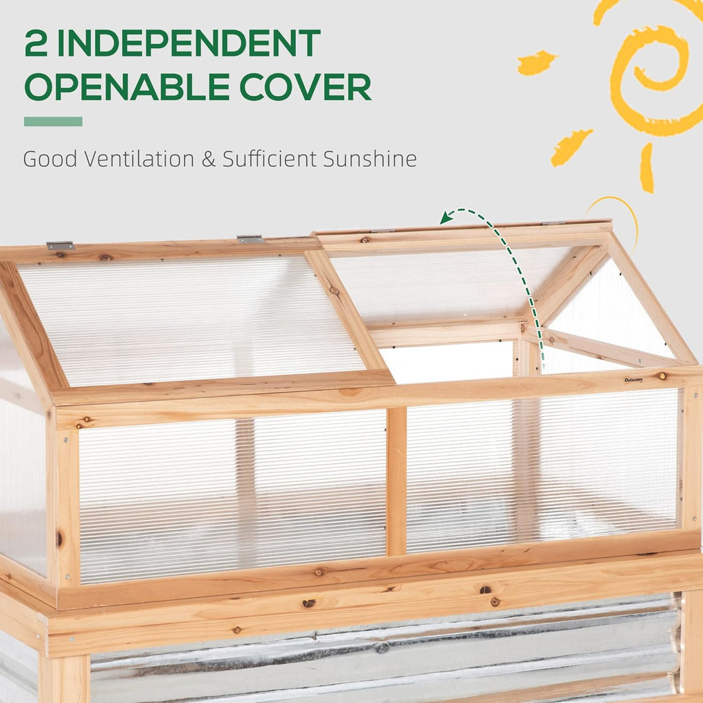 Raised Garden Bed, Polycarbonate Mini Greenhouse, Natural | 48" x 24" x 32", Wooden, Cold Frame Greenhouse, Flower