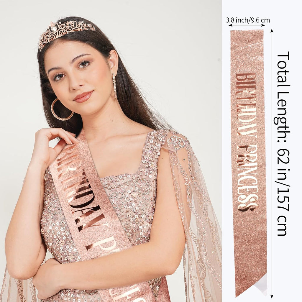 Princess Crown and Birthday Sash Set - Tiara for Women, Girls Birthday Decorations and Gifts - Rose Gold