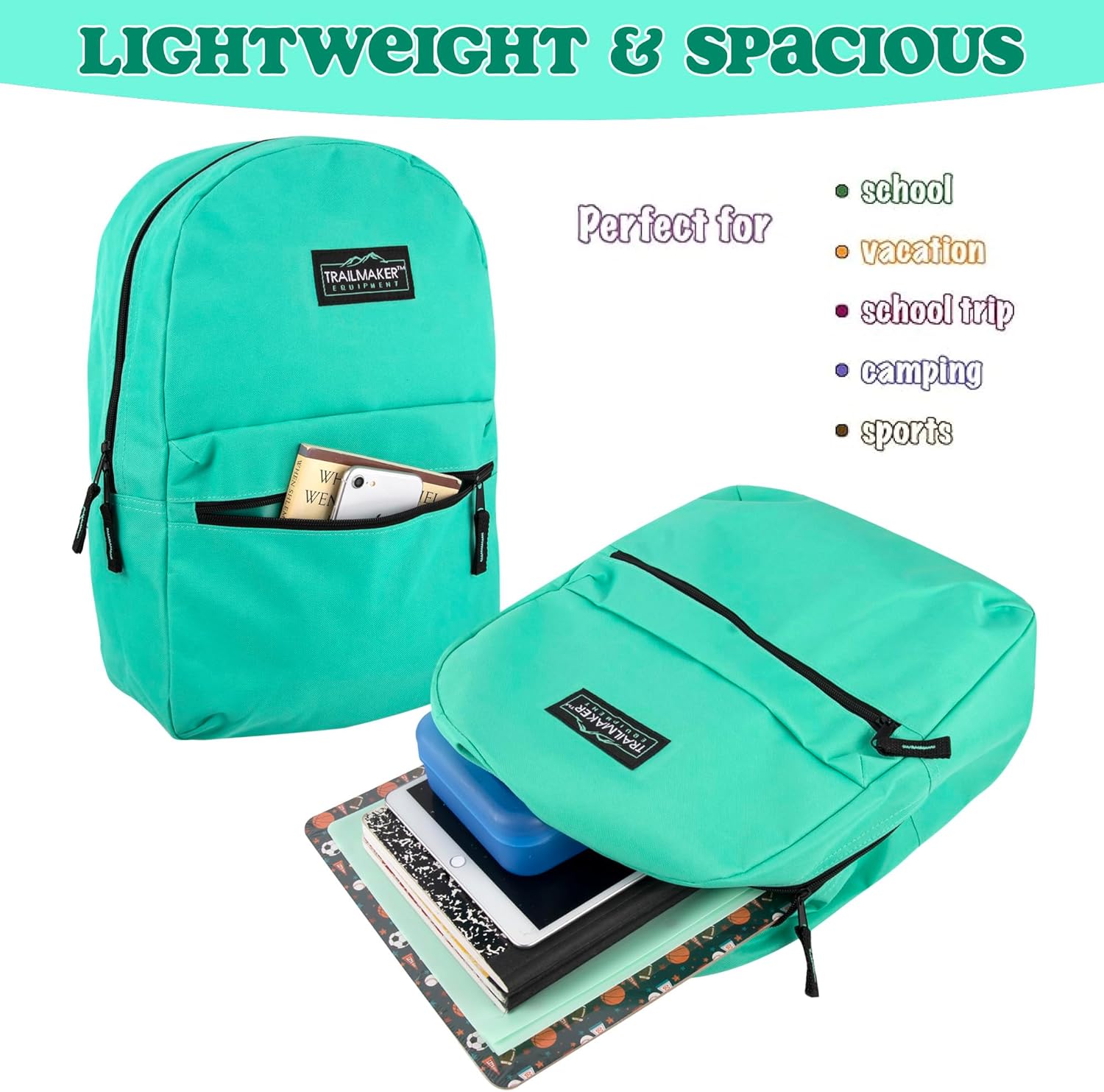 Classic 17 inch Backpacks with Adjustable Padded Straps | School Backpacks for Girls, Boys (Aqua)