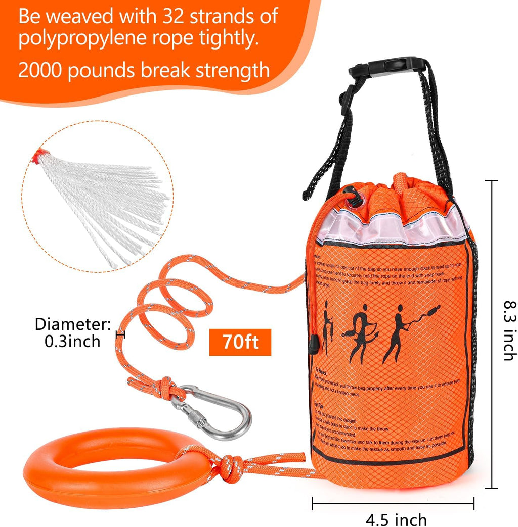 AnKun Water Rescue Throw Bag with 50/70/98FT Length of Rope in 3/10In Tensile Strength Rated to 2000lbs, Emergency