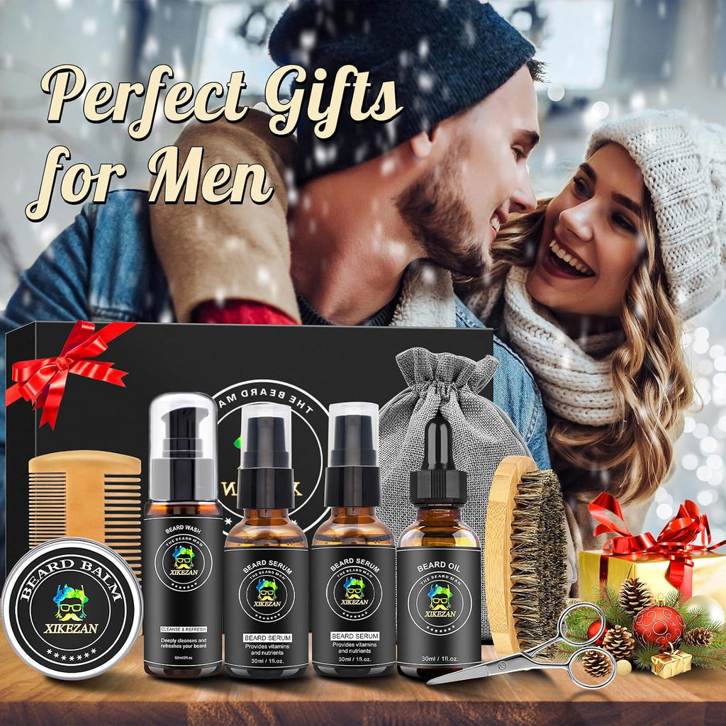 Beard Kit for Men Grooming & Care Set w/2 Pack Beard Serum, Wash, Oil, Balm, Comb, Brush, Scissor, Bag, EBook, Unique
