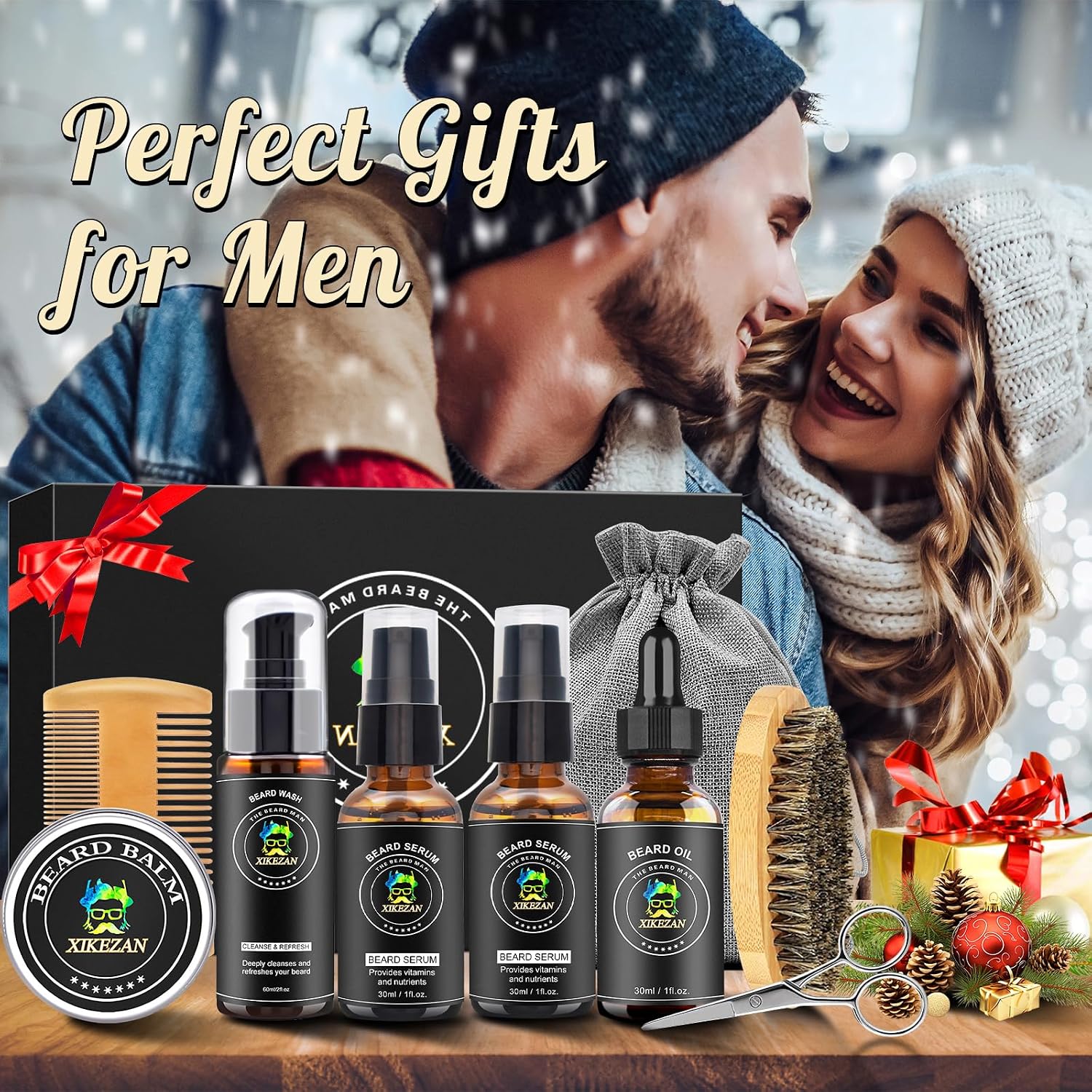 Beard Kit for Men Grooming & Care Set w/2 Pack Beard Serum, Wash, Oil, Balm, Comb, Brush, Scissor, Bag, EBook, Unique
