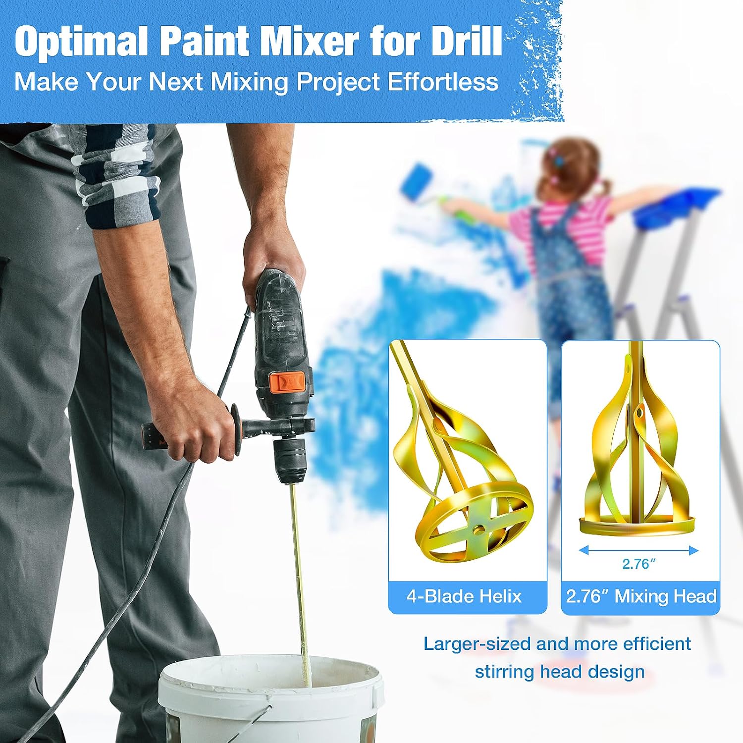 2-Pack Paint Mixer for Drill, Upgraded 4-Blade 2.76" Helix Mixing Paddle Rust-Proof Paint Stirrer, Fits All Standard