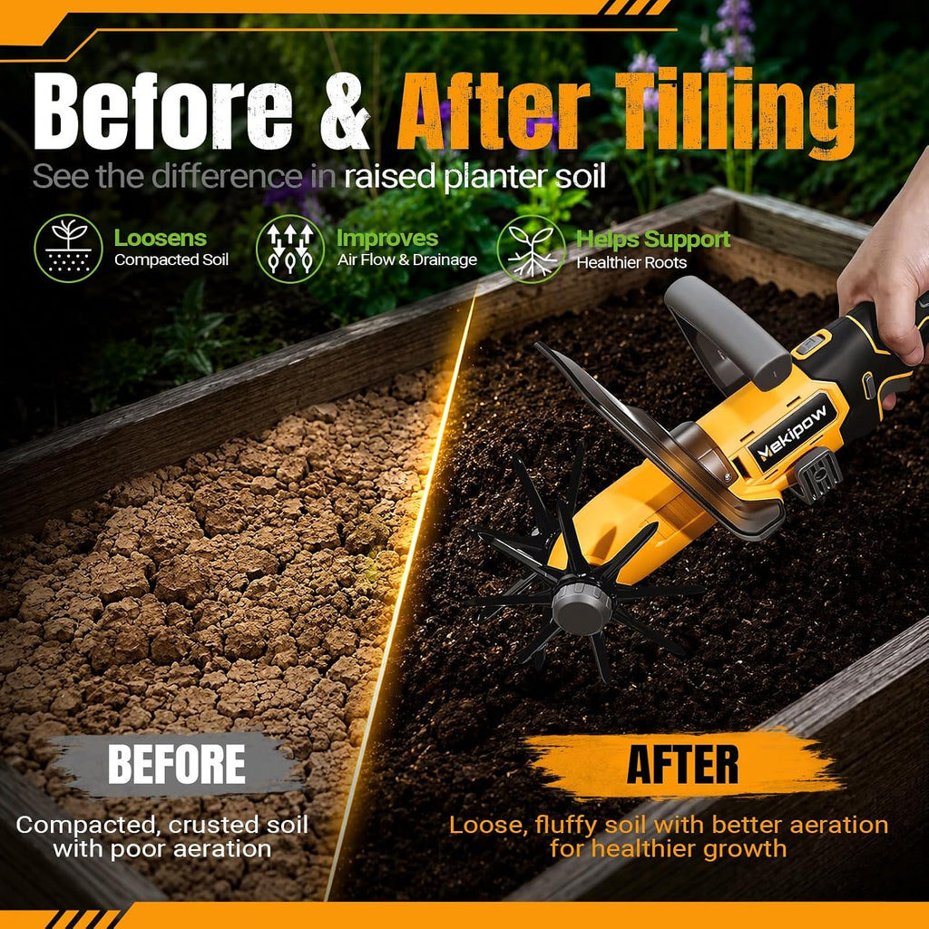 Mini Handheld Tiller Cultivator Compatible with Dewalt 20V Battery | Cordless Electric, Lawn & Garden Use, Soil