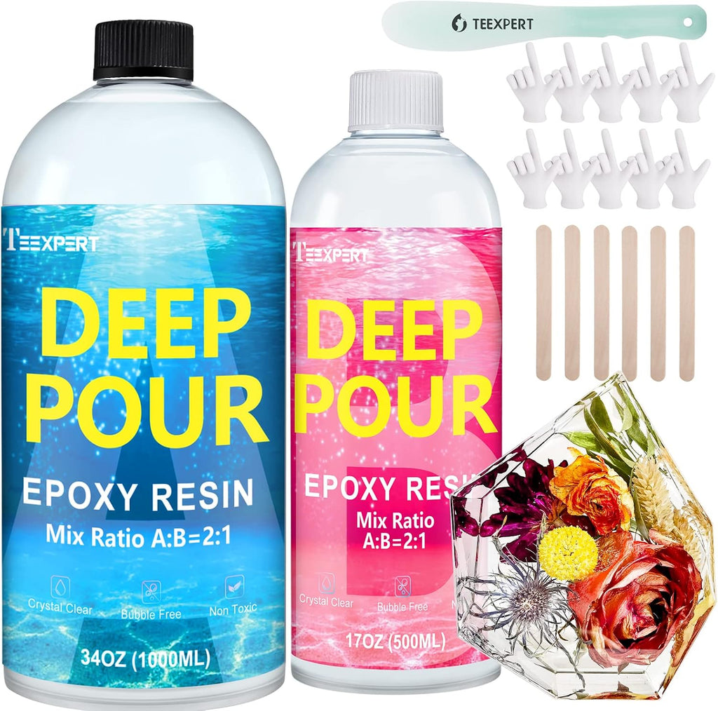 Deep Pour Epoxy Resin, 51oz Epoxy Resin Kit for 2-4" Pour Depths, Crystal Clear & High Gloss, Bubble-Free Casting