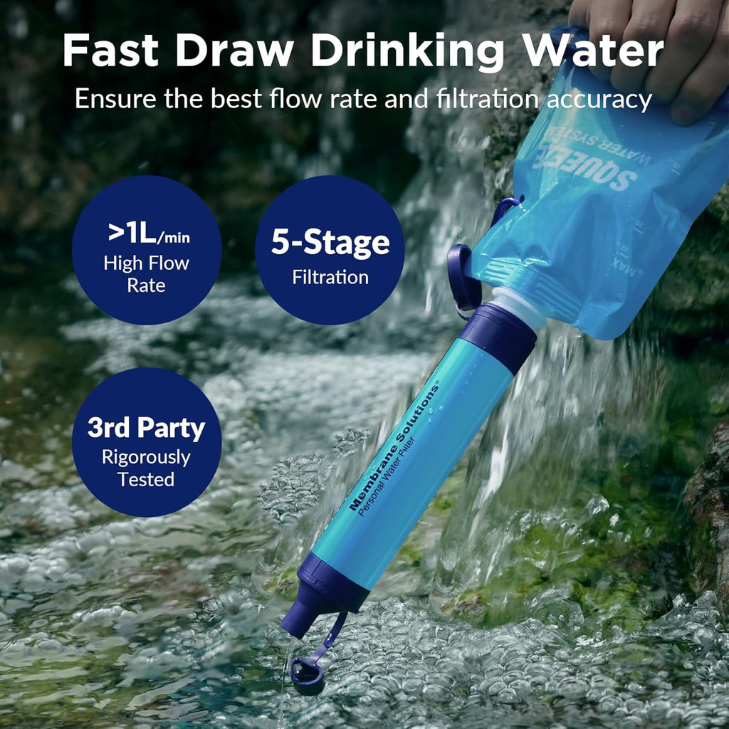 Squeezable Water Pouches with Water Filter Straw(1+2) | Survival Water Purifier Kit, Portable Water Purifier for