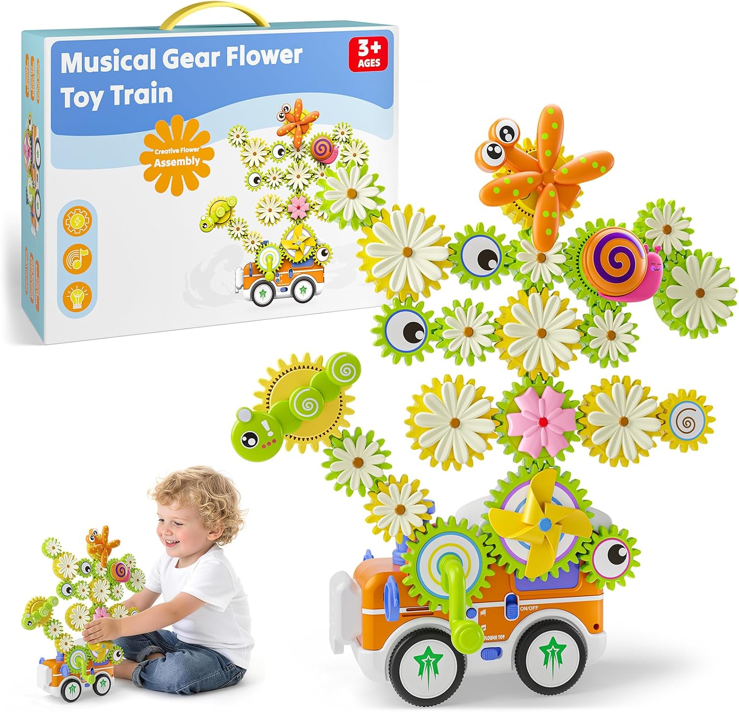 Gears Building Toys for Kids Ages 3+, STEM Construction Set for Toddlers, Train and Flower Models with Electric &