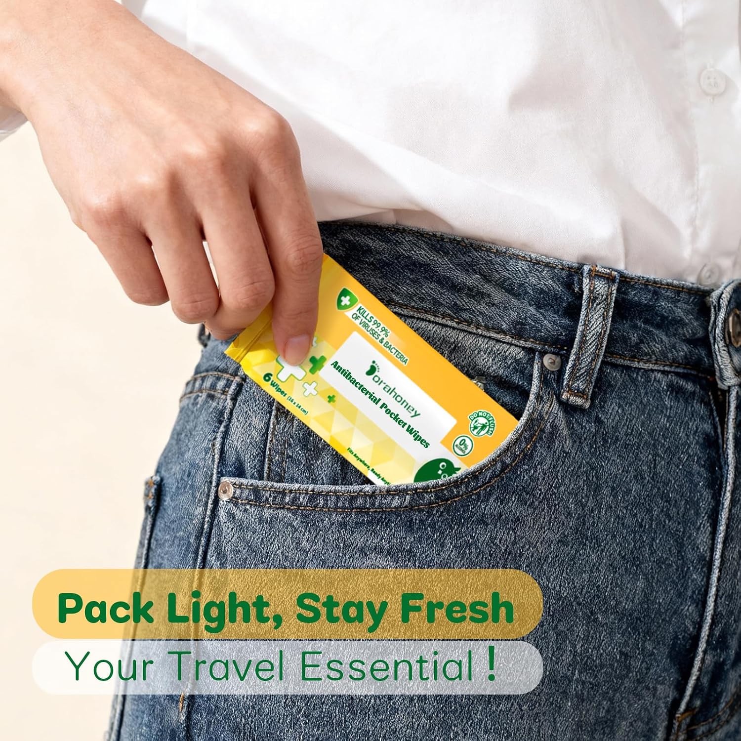 Travel Antibacterial Hand Wipes, 99% Water Hand Sanitizer Wipes, Safe for Sensitive Skin & Hypoallergenic Hand