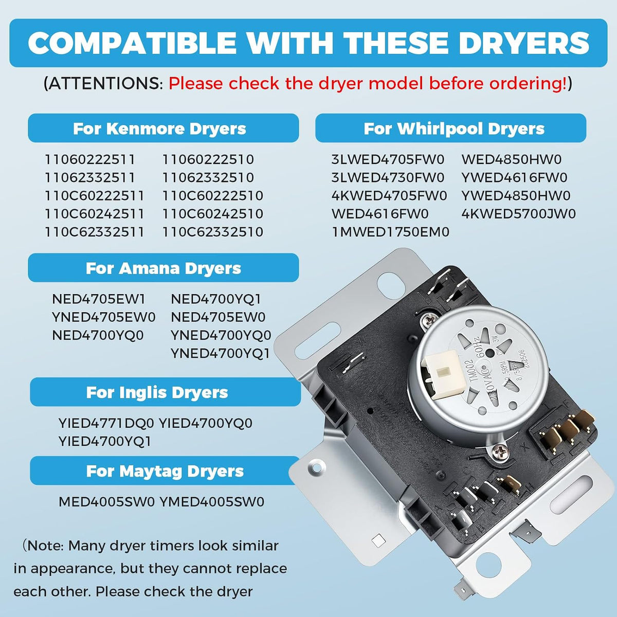 W10436303, WPW10436303 Dryer Timer Replacement, 230V 60Hz, 2-Year Warranty