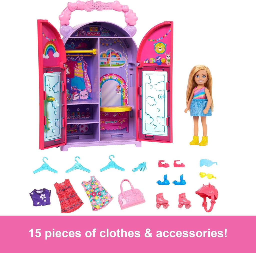 Barbie Chelsea Doll & Closet Toy Playset with 15 Pieces Clothes & Accessories Included, Foldable Set for On-The-Go