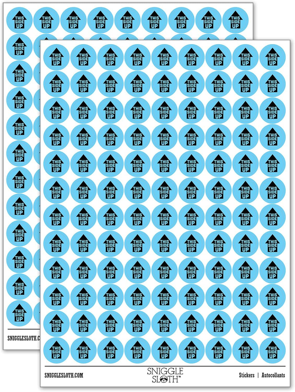This Side Up Arrow with Text Icon 200+ Round Stickers - Gloss Finish - 0.50" Size - Light Blue