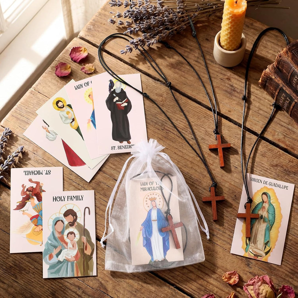 10/20/30 Set Catholic Religious Gifts Set Rosary Christian Cross Necklace with Saint Prayer Cards & Organza Bags