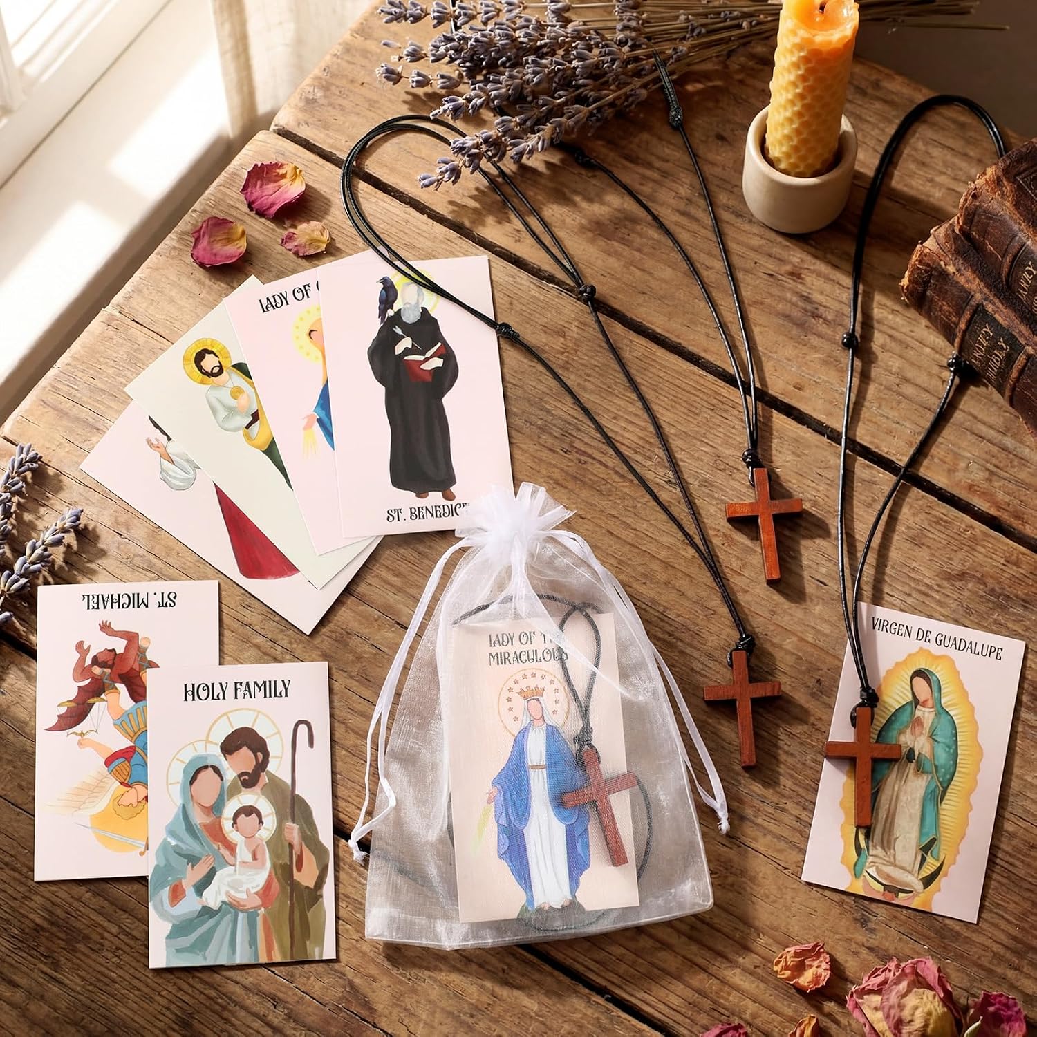 10/20/30 Set Catholic Religious Gifts Set Rosary Christian Cross Necklace with Saint Prayer Cards & Organza Bags