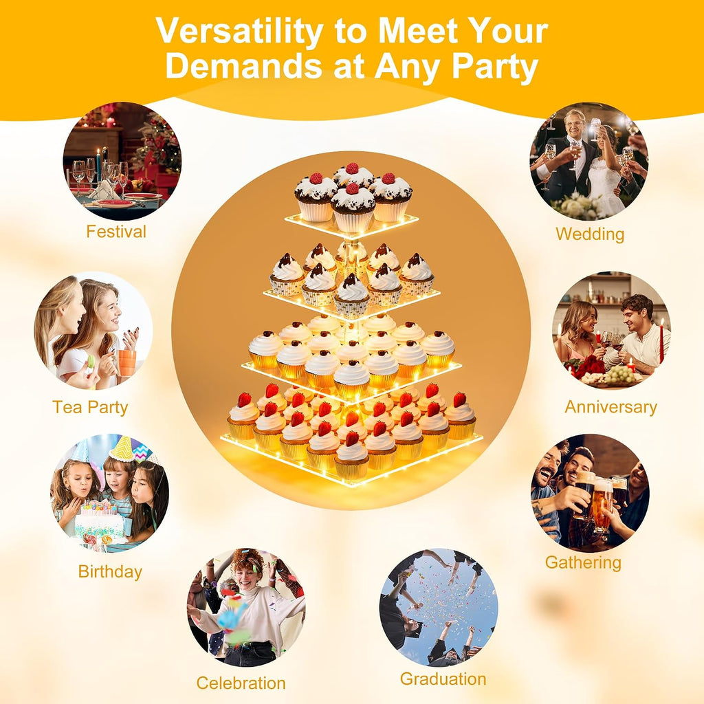 Cupcake Stand with Yellow LED Lights, 4 Tier Cupcake Stand for 50 Cupcakes, Acrylic Cupcake Tower Stand, Clear Tiered