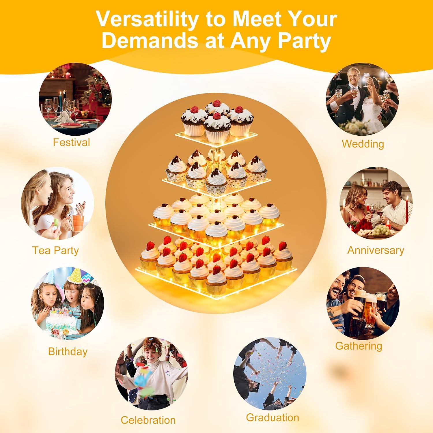 Cupcake Stand with Yellow LED Lights, 4 Tier Cupcake Stand for 50 Cupcakes, Acrylic Cupcake Tower Stand, Clear Tiered