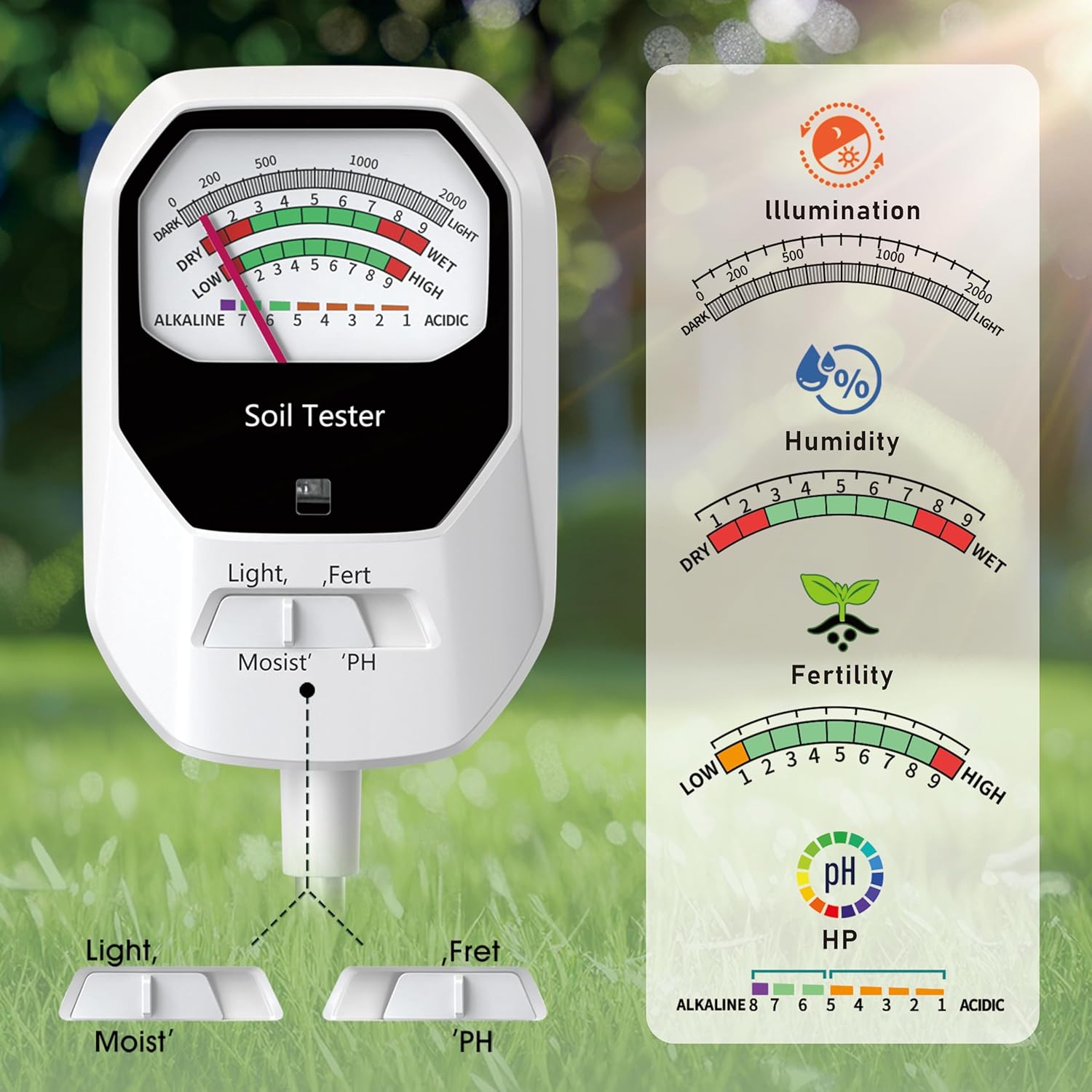 4-in-1 Soil Moisture Meter Soil Moisture/Fertility/PH Meter/Sunlight Intensity Soil Test Meter for Gardening, Farming