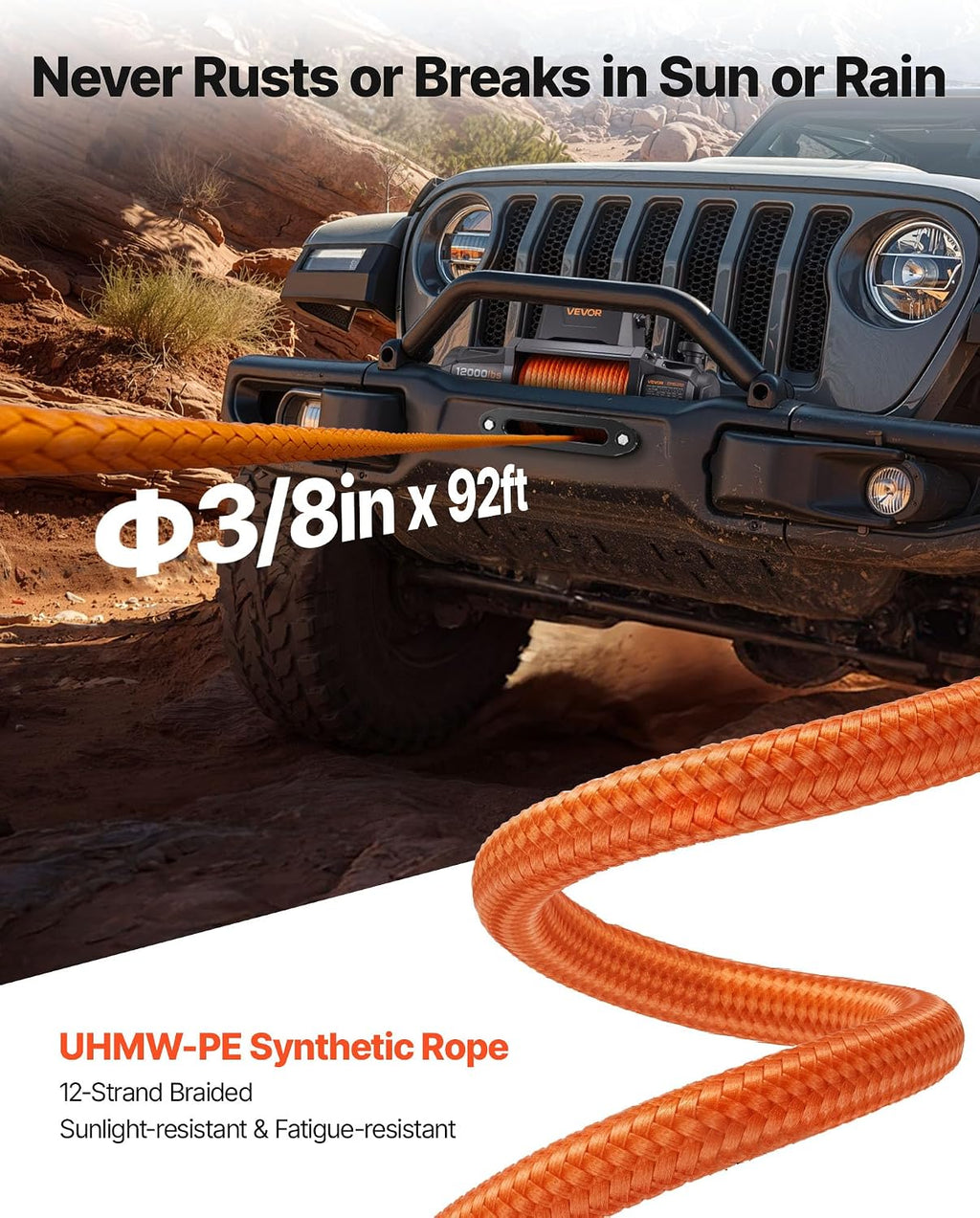 Electric Winch, 12000 lbs Load Capacity, 12V DC Truck Winch with Φ3/8 in x 92 ft Synthetic Rope, Wireless & Wired