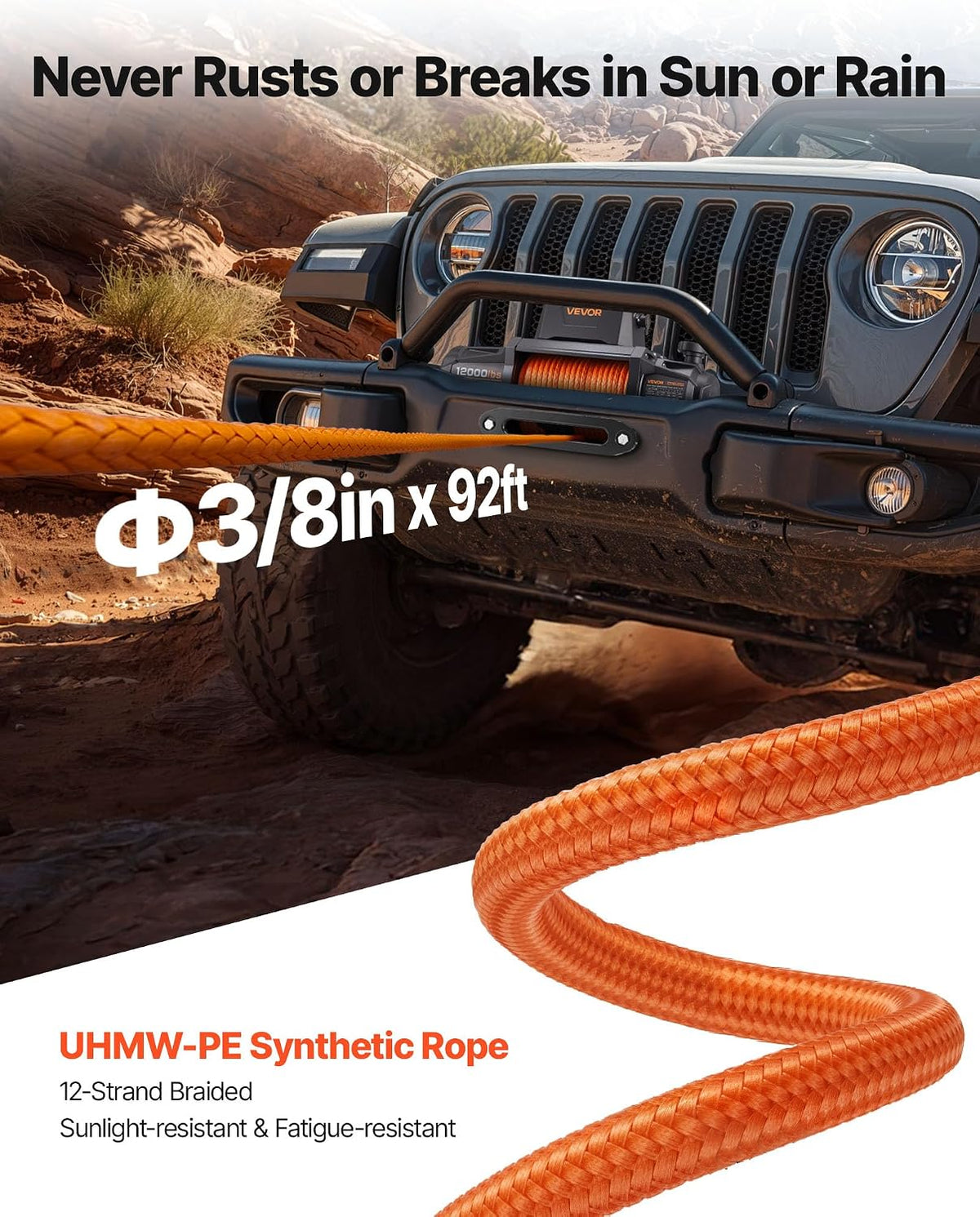 Electric Winch, 12000 lbs Load Capacity, 12V DC Truck Winch with Φ3/8 in x 92 ft Synthetic Rope, Wireless & Wired