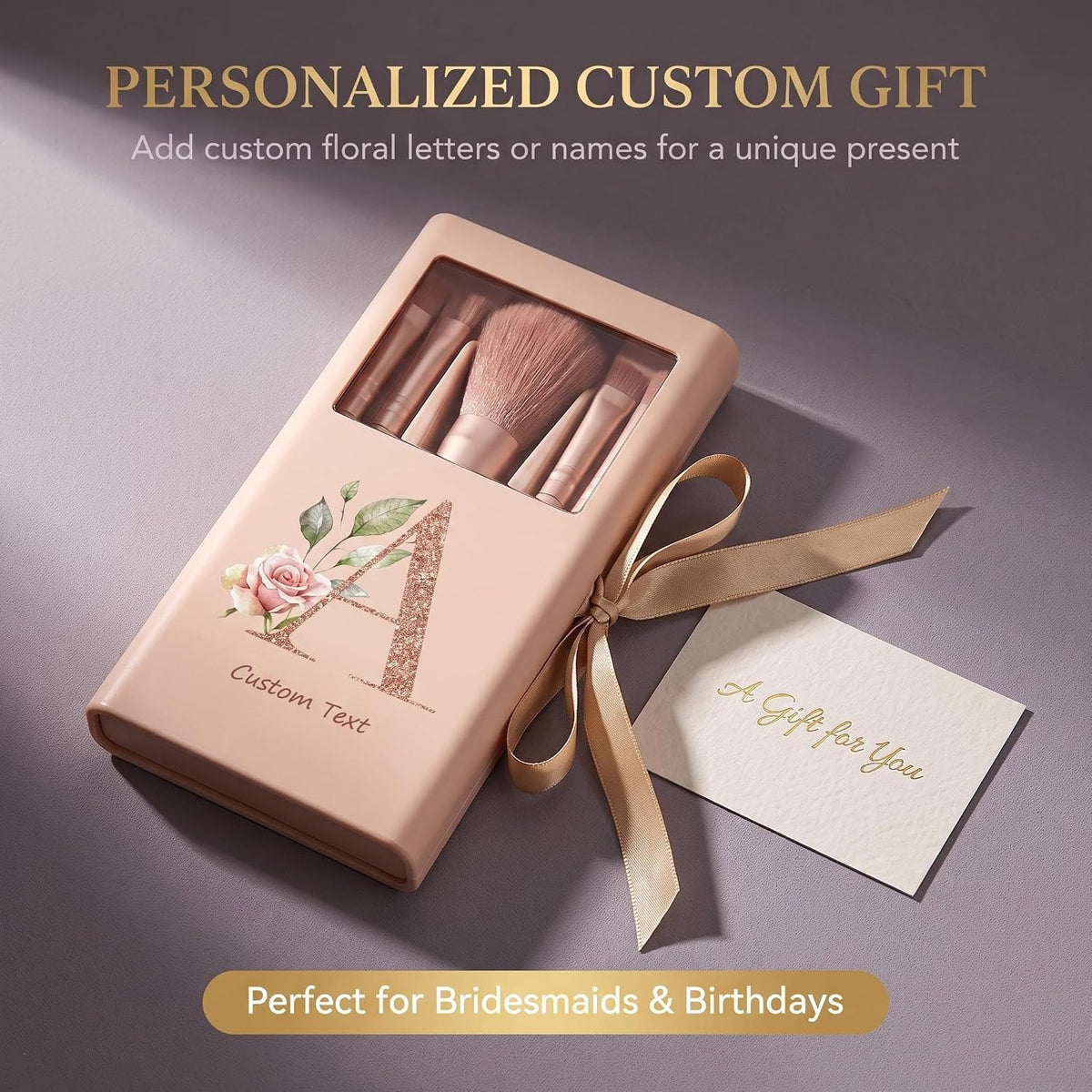 Personalized Mini Makeup Brush Set with Mirror, Custom Name Initial Travel Makeup Case, Portable Cosmetic Brushes