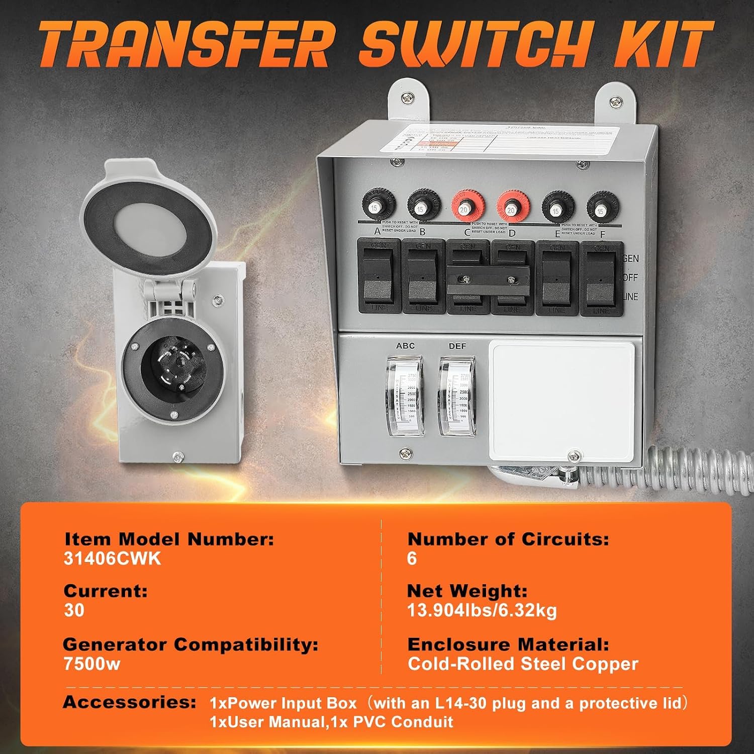 31406CWK Pro/Tran 30 Amp 6-Circuit Generator Transfer Switch Kit 7500 Watts Include Weatherproof Inlet Box, 10 Foot