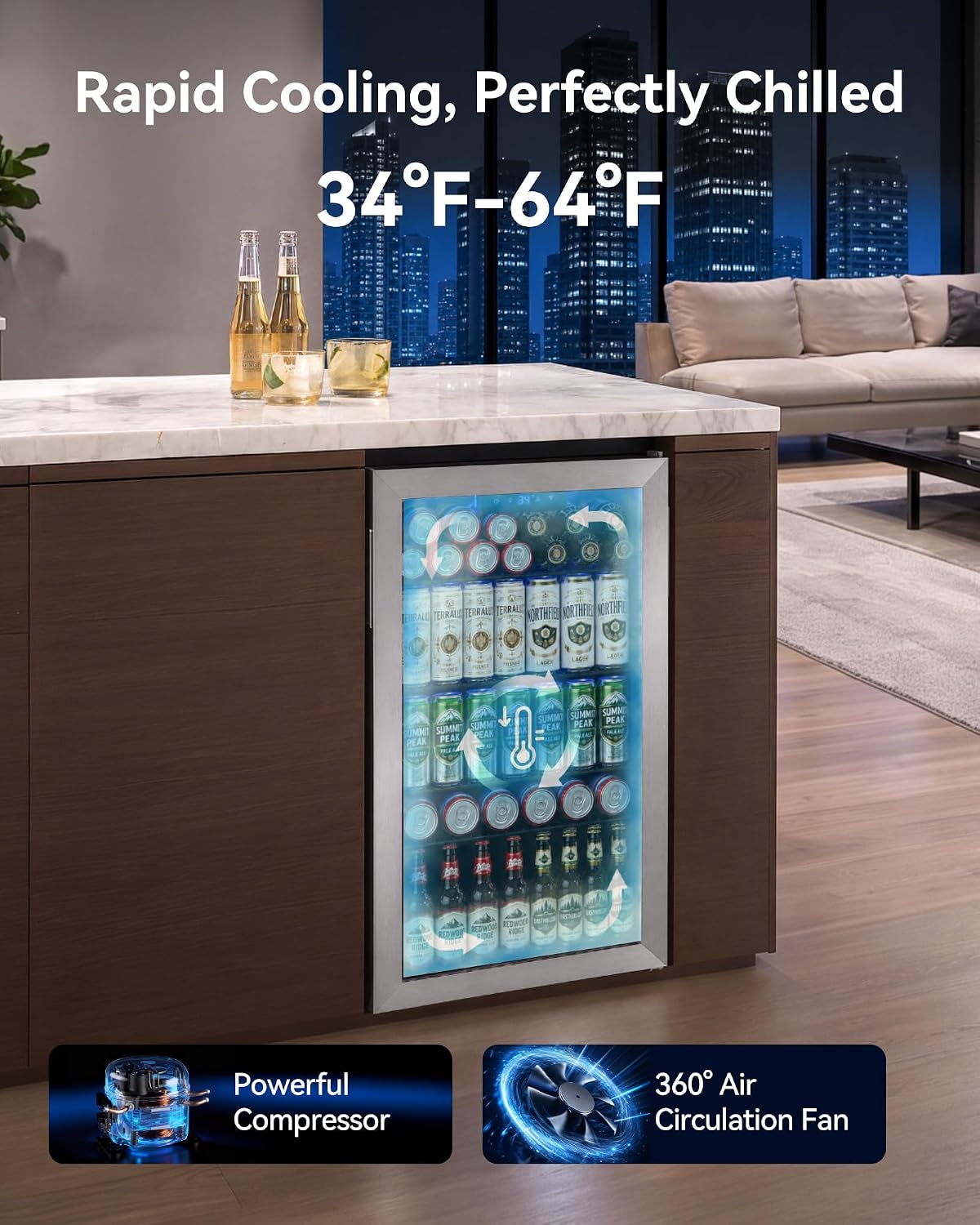 126 Can Beverage Refrigerator, Glass Door Mini Fridge, 3.2 Cu.Ft