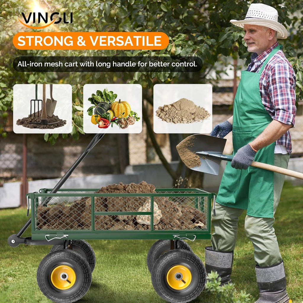 Heavy Duty 800 LBS Mesh Steel Garden Cart, Detachable Utility Wheelbarrow, Yard and Garden Wagon Cart with Removable